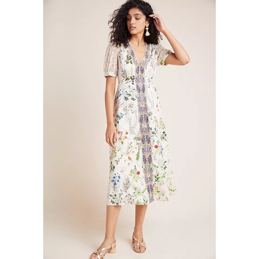 Geisha Designs Anthropologie NEW Cream Donna Floral Lace Midi Dress Medium Boho
